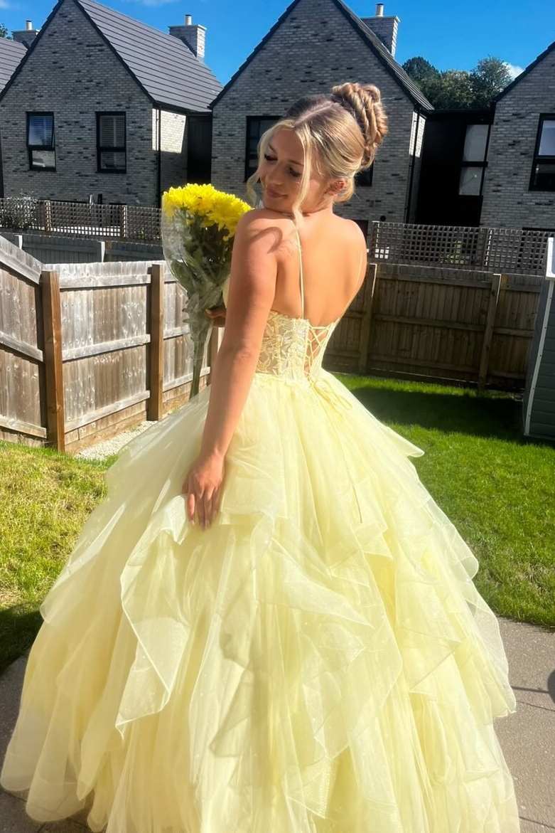 Yellow Spaghetti Straps Sweetheart Ruffles A-Line Prom Dress