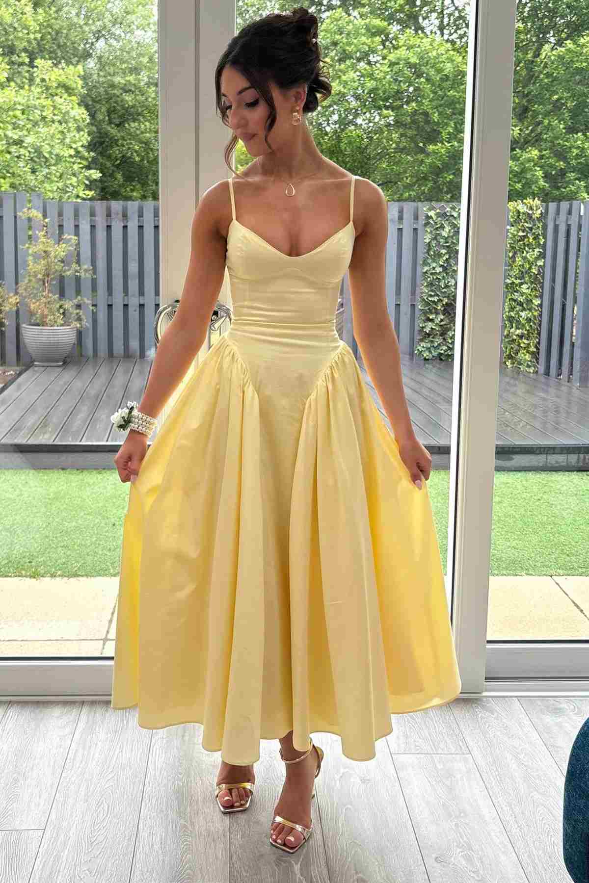 Yellow Spaghetti Strap V-Neck Empire Waist Formal Prom Dress