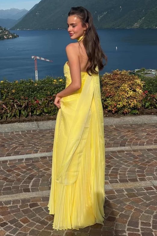 Yellow Strapless A-Line Empire-Waist Sweetheart Pleated Long Prom Dress