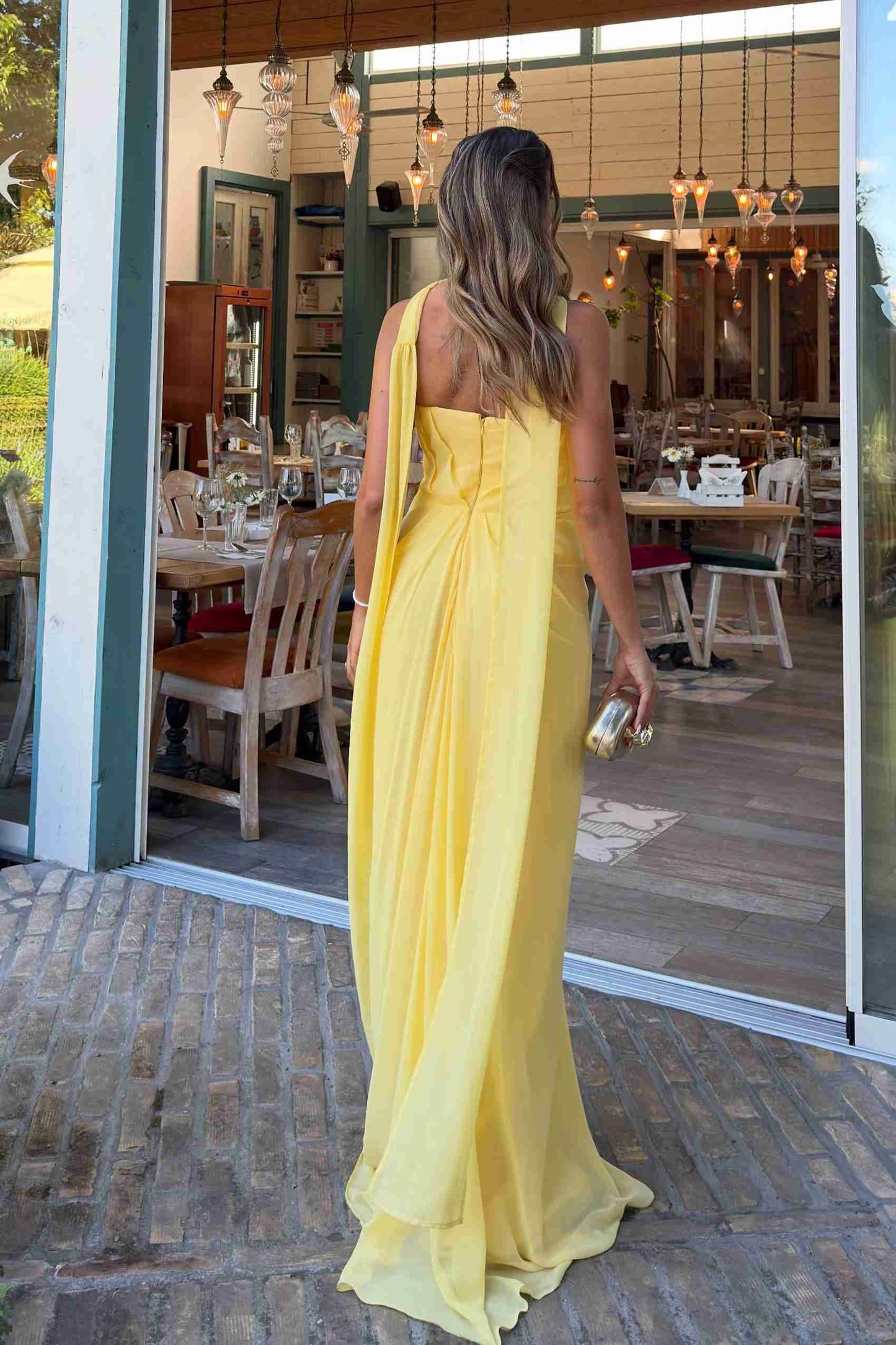 Yellow Strapless V-Neck Pleats Sleeveless Long Prom Dress