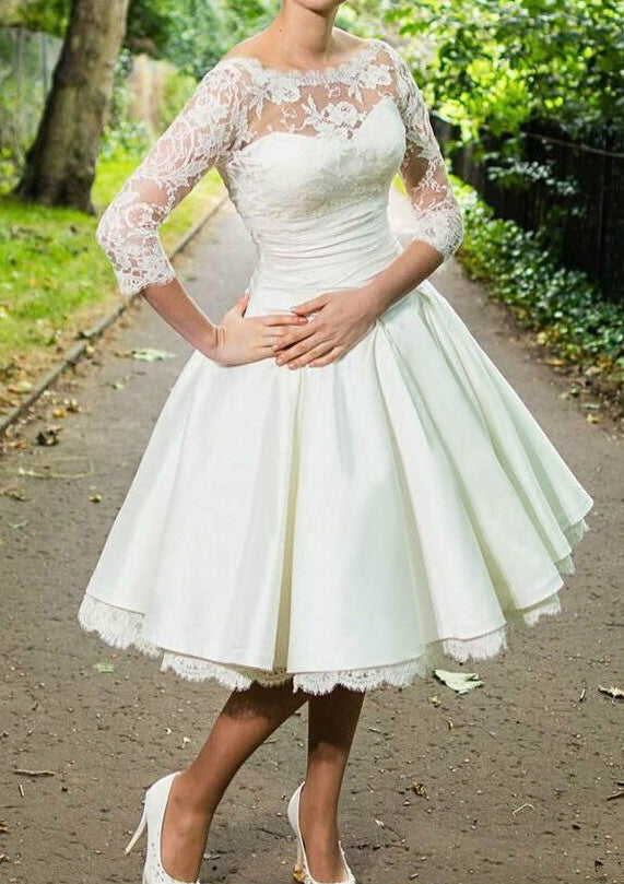 Bateau 3/4 Sleeve Knee-Length Ivory Lace Satin Wedding Dress Bateau 3/4 Sleeve Knee-Length Ivory Lace Satin Wedding Dress