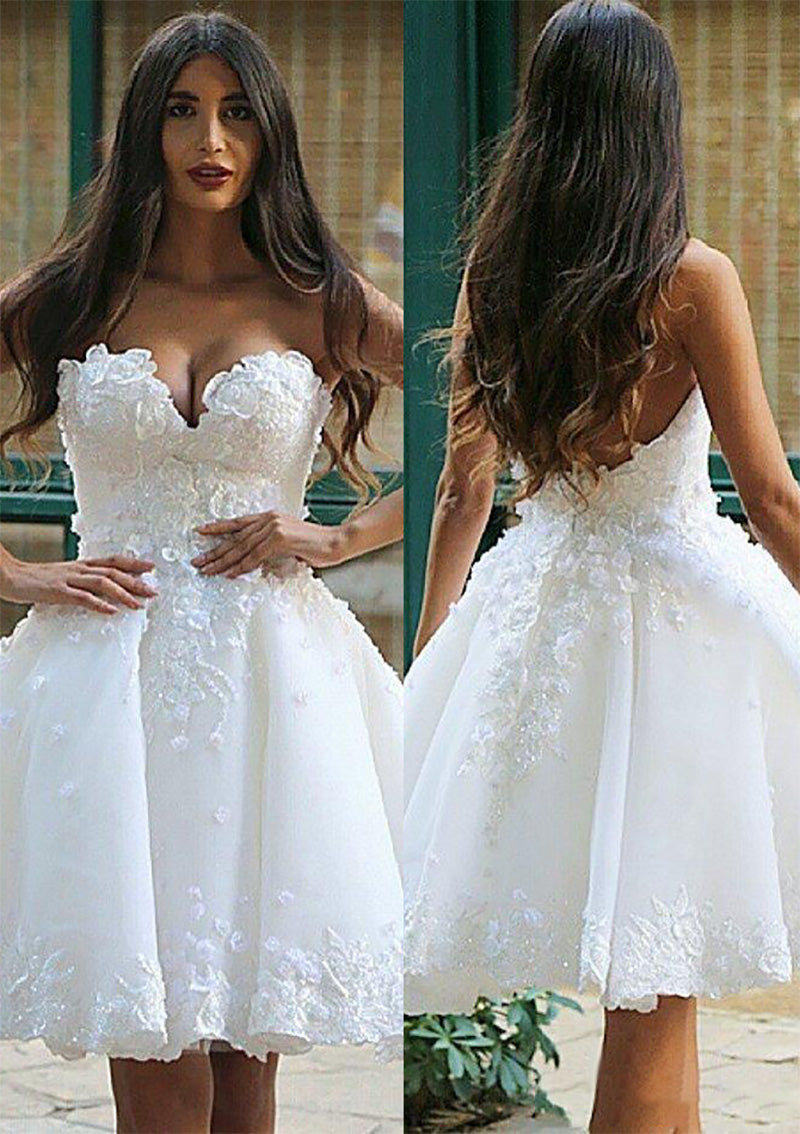 Ball Gown Ivory Satin Strapless Short Wedding Dress, Beaded Lace| Misdress