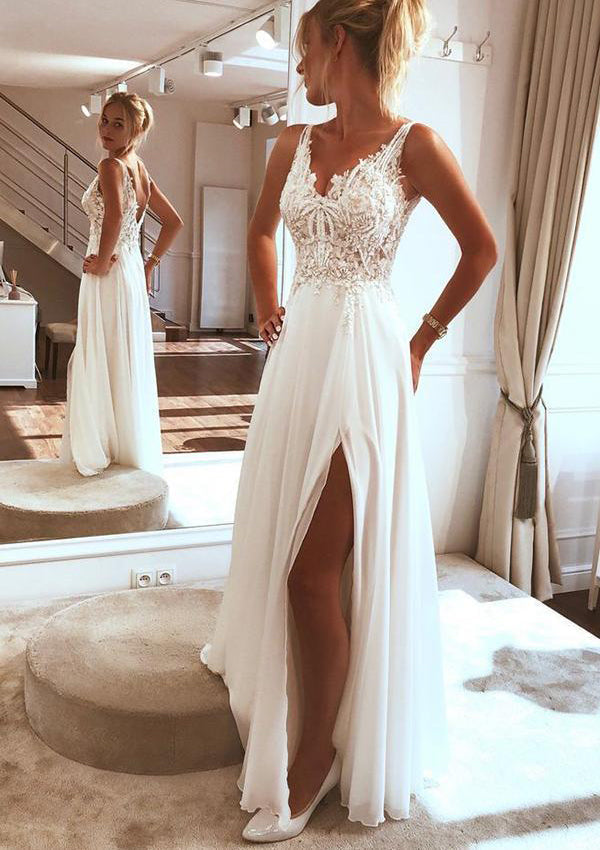 chiffon fabric wedding dresses A-line V Neck Sleeveless Long Chiffon Wedding Dress, Split Beading Lace