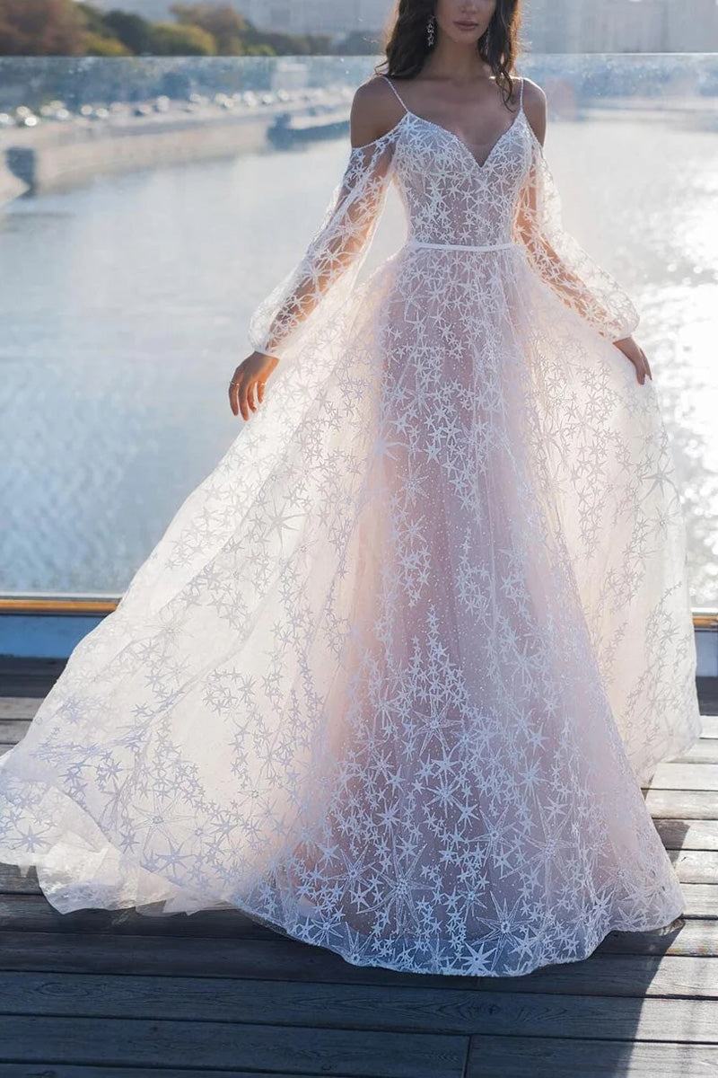 A-line Boho Cold Shoulder Long Sleeve Starry Lace Tulle Bridal Wedding Dress A-line Boho Cold Shoulder Long Sleeve Starry Lace Tulle Bridal Wedding Dress
