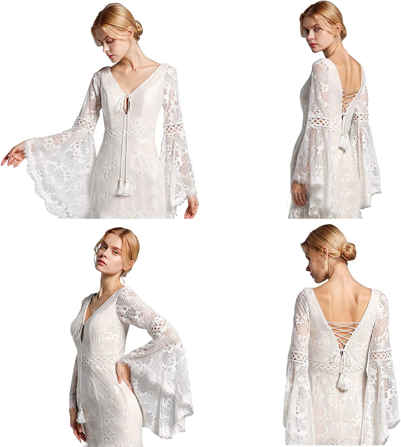 Vestido de Novia de Encaje Corte Sirena Escote V con Manga Larga Acampanada de Encaje Boho