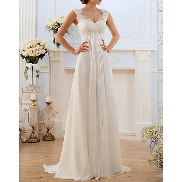 chiffon empire line wedding dress A-Line Sweetheart Sweep Keyhole Ivory Lace What Color Shoes To 18th back and invisible zipper Color:Blue Green