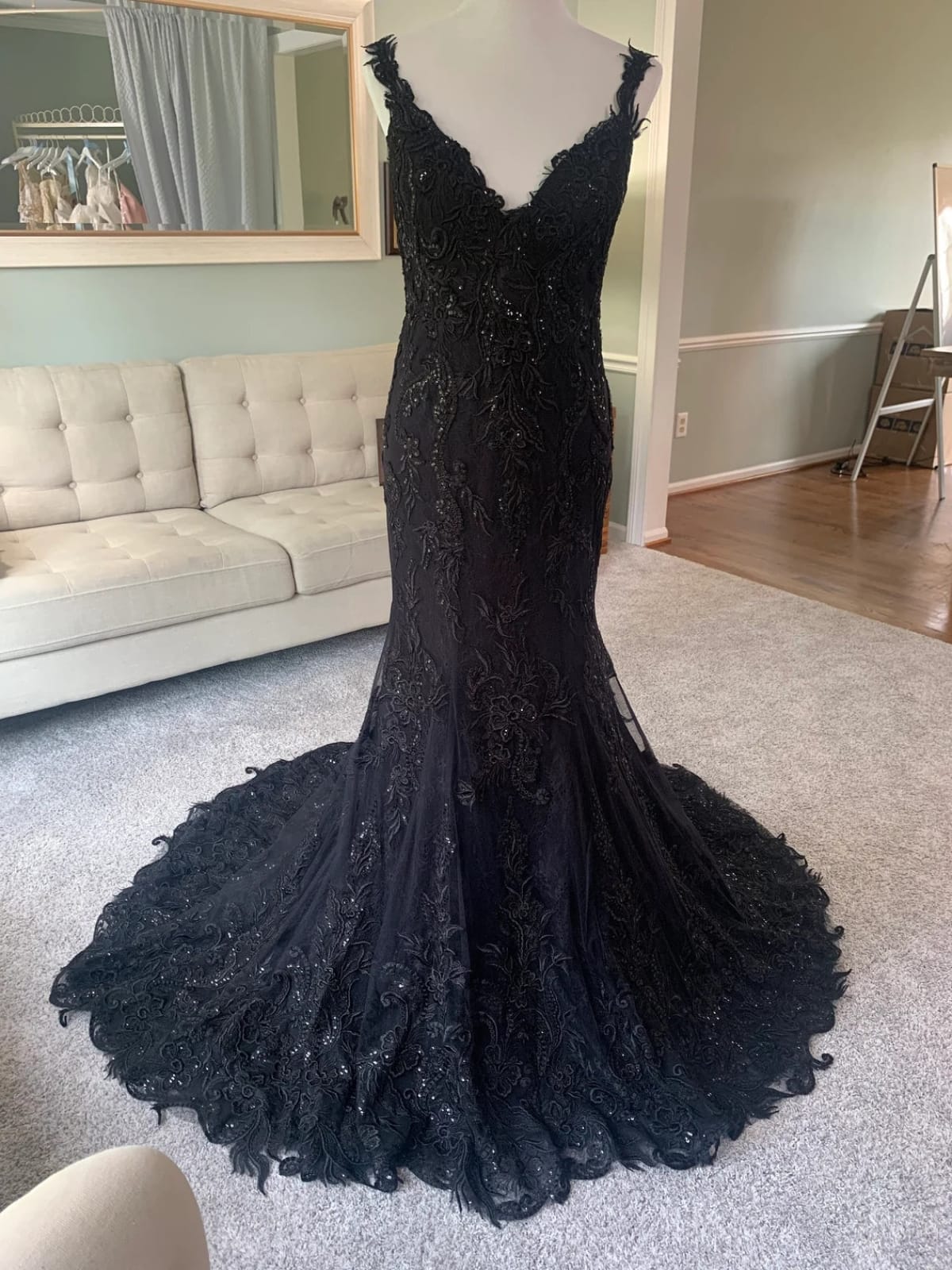 X Back V Neck Black Embroidered Lace Tulle Mermaid Wedding Dress