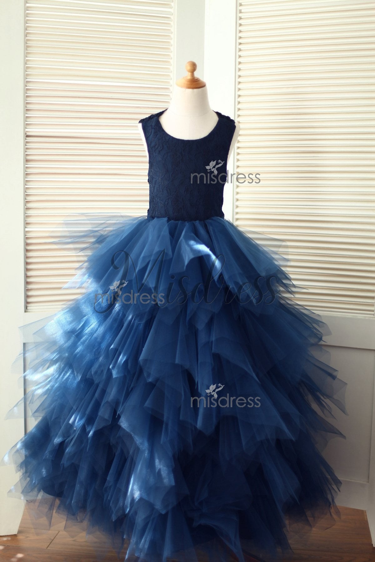 Backless Navy Blue Lace Ruffles Tulle Skirt Flower Girl Dress | Misdress Backless Navy Blue Lace Ruffles Tulle Skirt Flower Girl Dress | Misdress