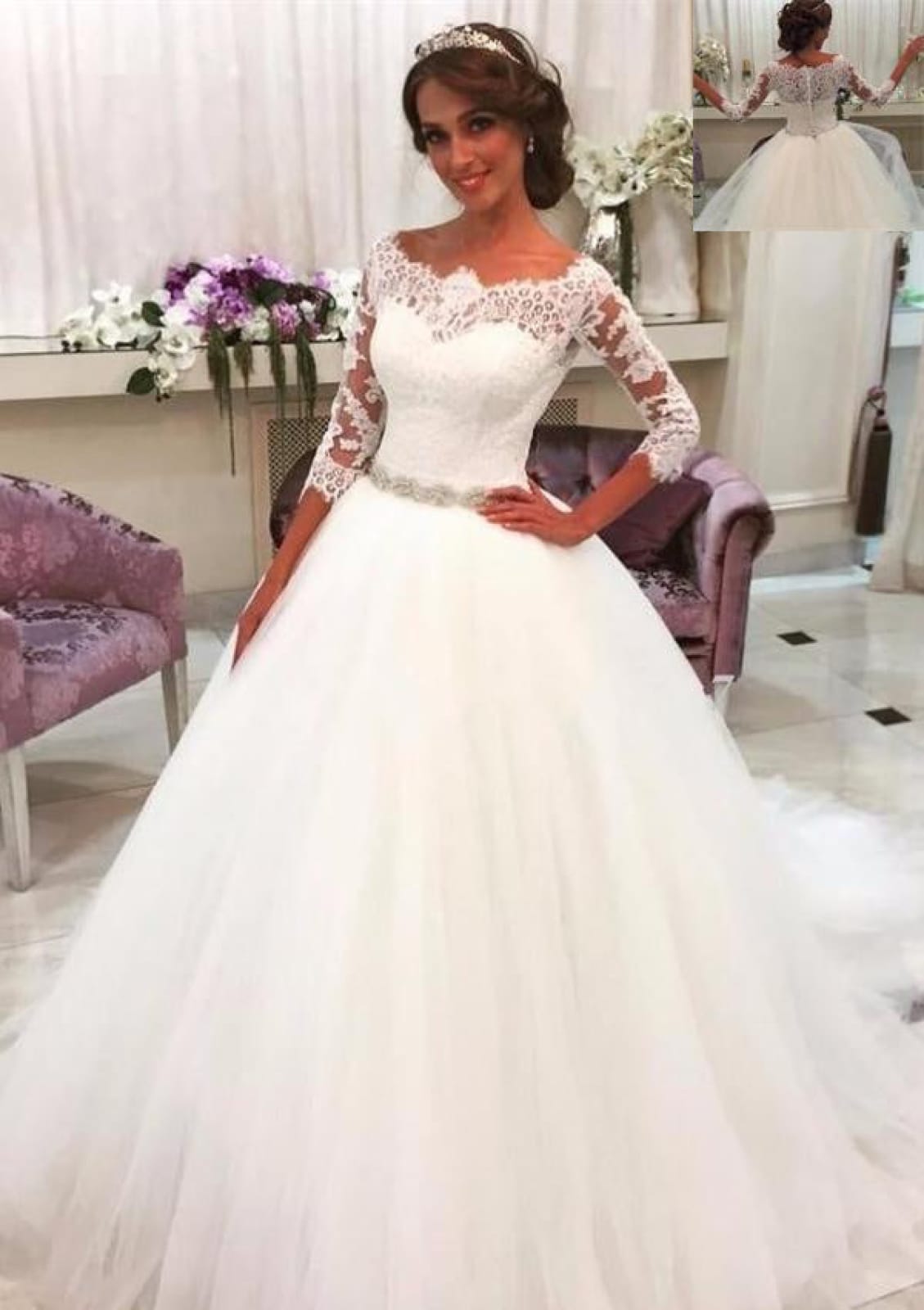 Ball Gown Bateau 3/4 Sleeve Court Train Lace Tulle Bridal