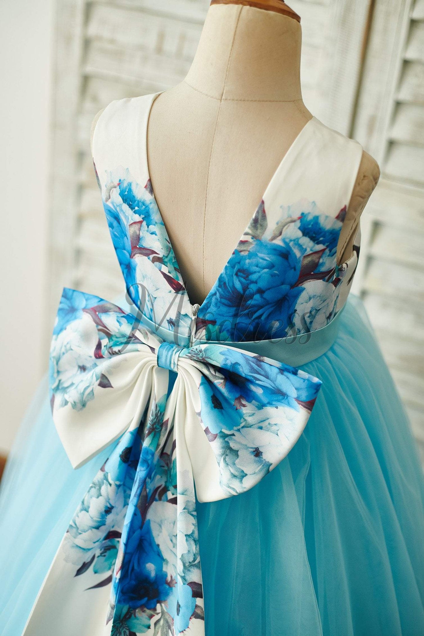 Blue Printed Floral Satin Tulle V Back Wedding Flower Girl Dress With Bow - Flower Girl Dresses