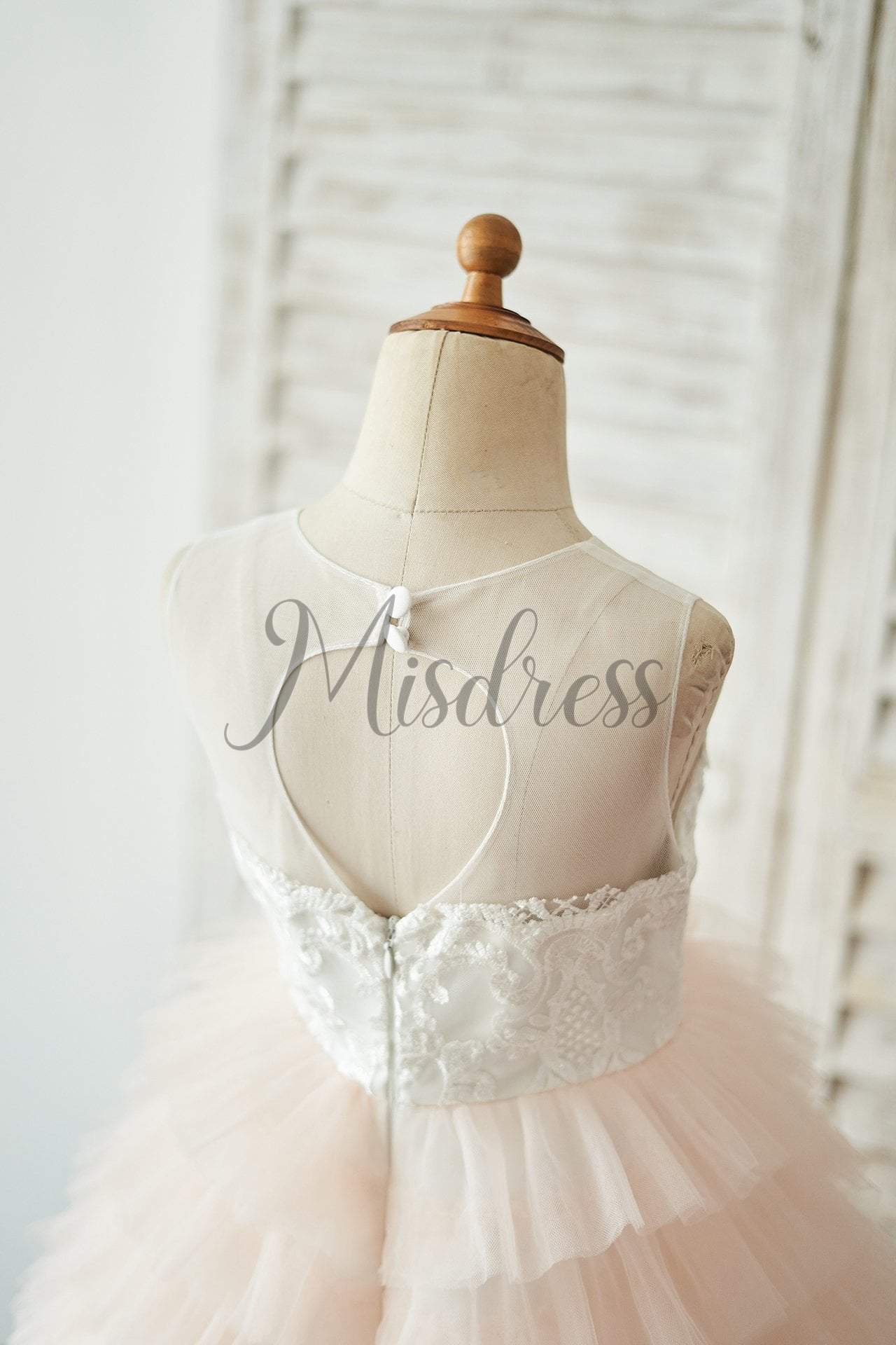 Ivory Lace Peach Pink Cupcake Tulle Keyhole Back Wedding Flower Girl Dress - Flower Girl Dresses