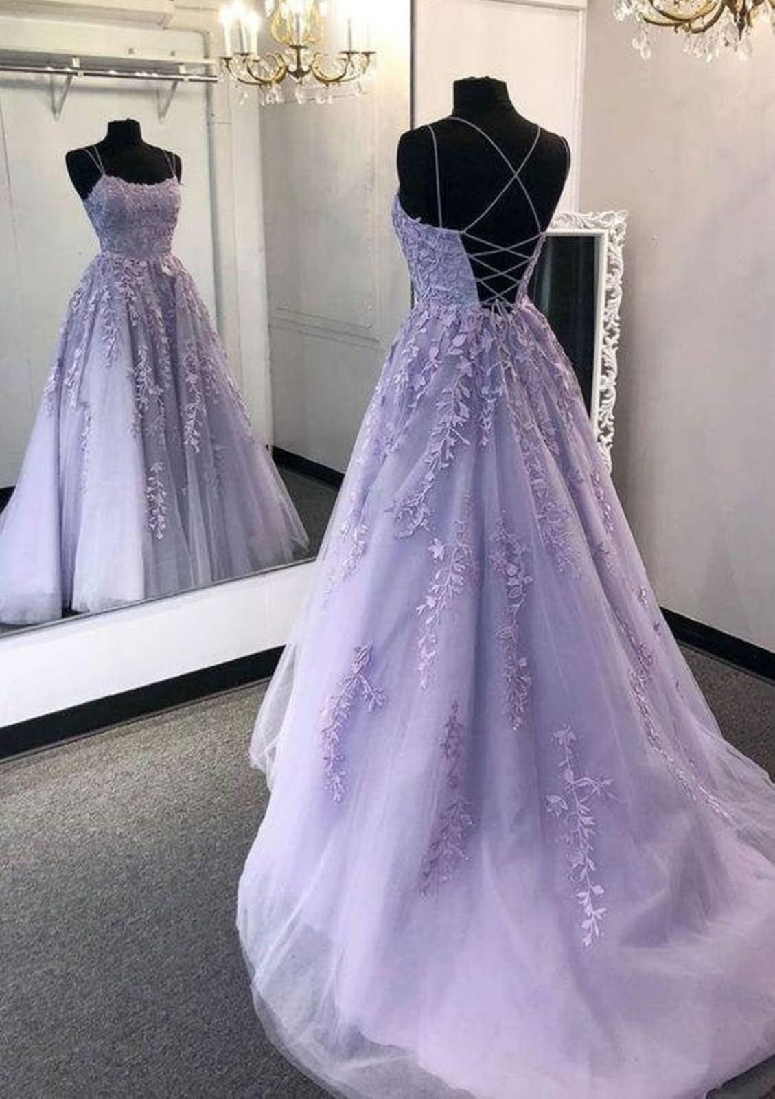 Ball Gown Lace Tulle Spaghetti Straps Crisscross Lace-up