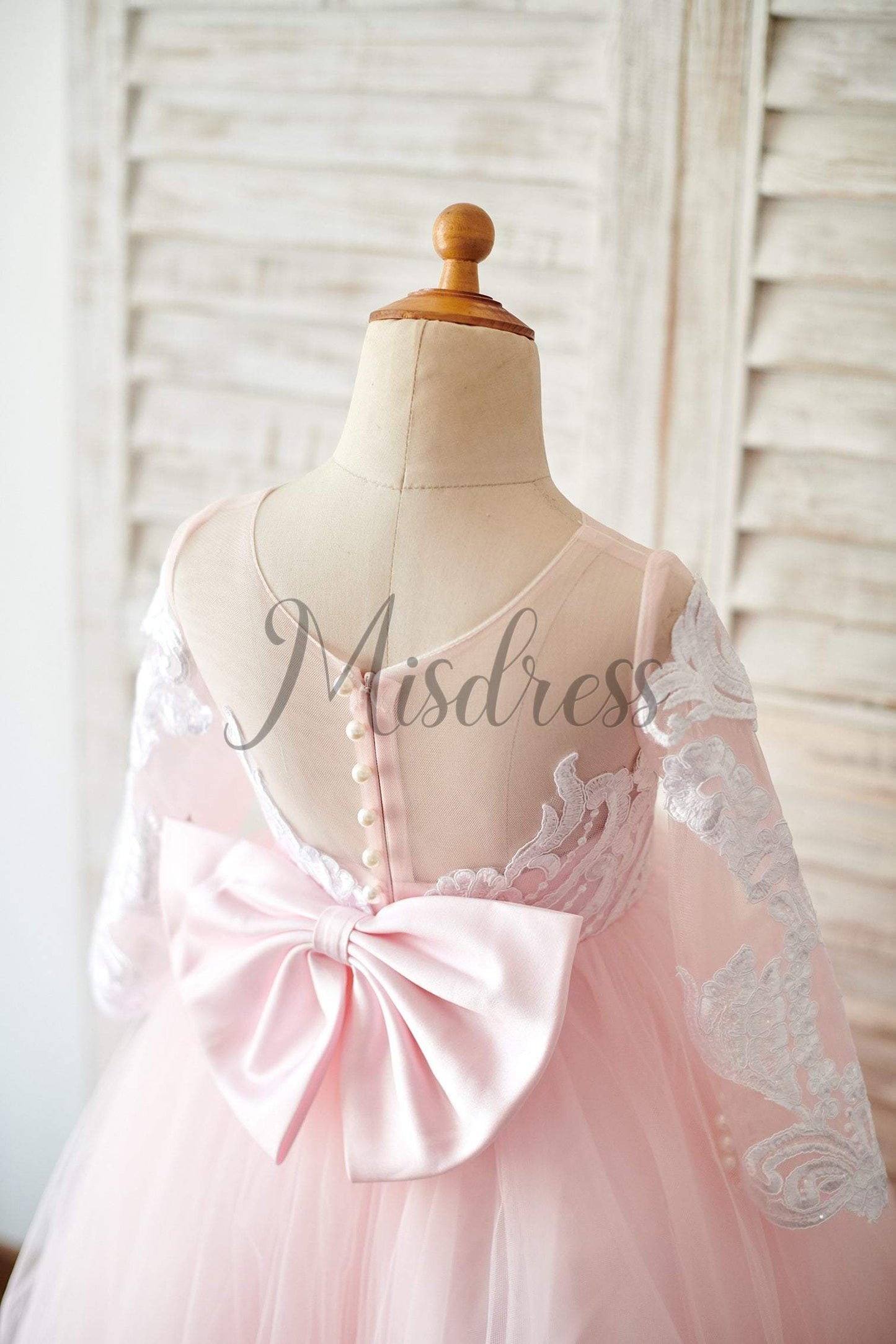 Ball Gown Long Sleeves Pink Lace Tulle Wedding Flower Girl Dress With Train - Flower Girl Dresses