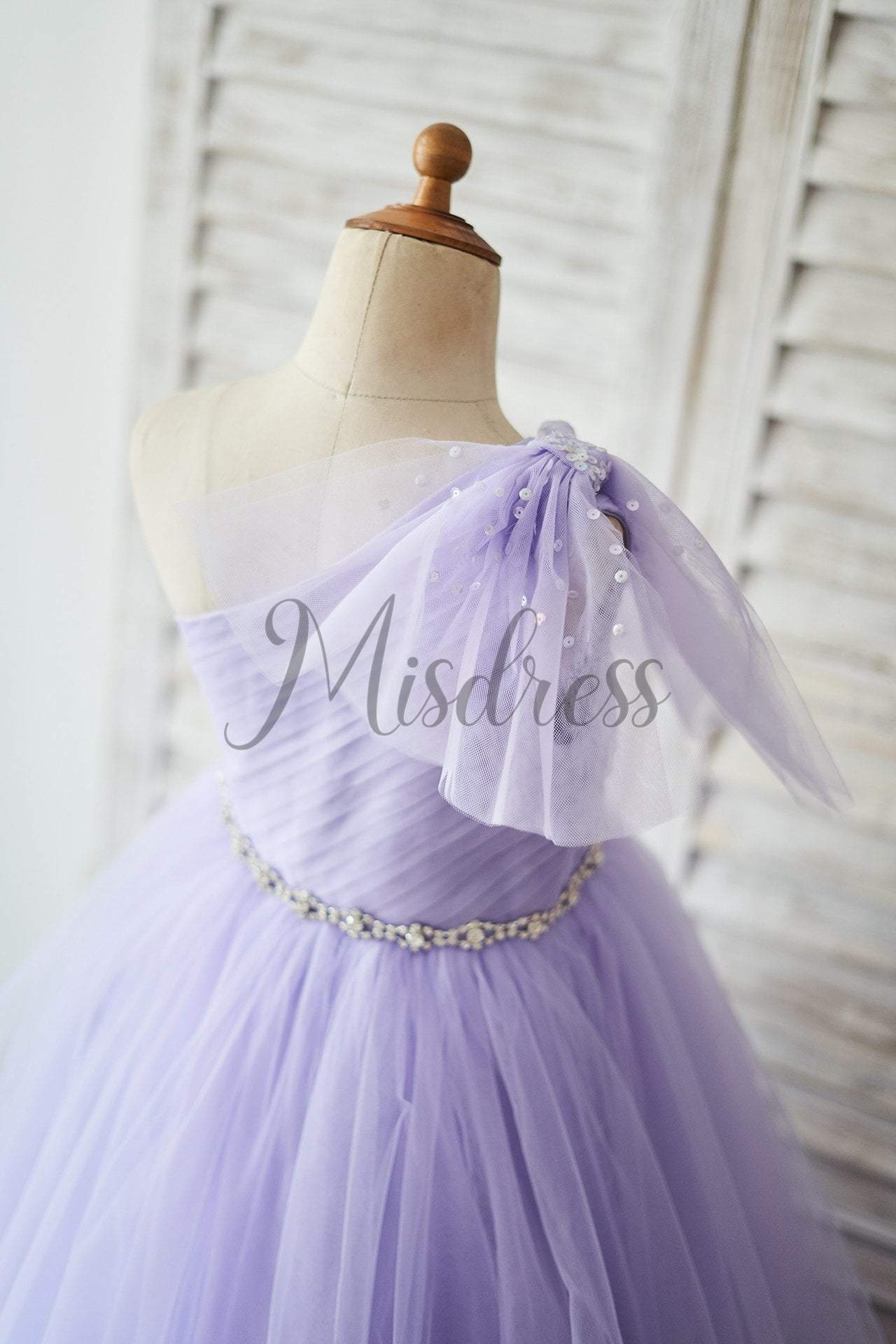One Shoulder Beaded Lavender Tulle Wedding Flower Girl Dress - Flower Girl Dresses