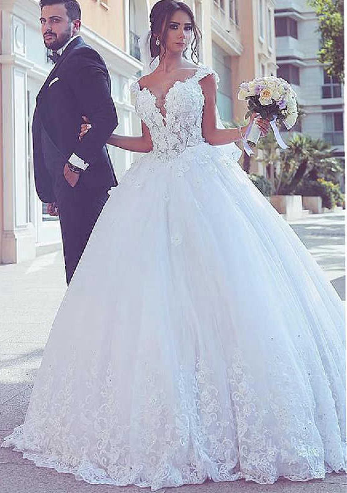 Ball Gown V Neck Chapel Train Lace Tulle Wedding Dress