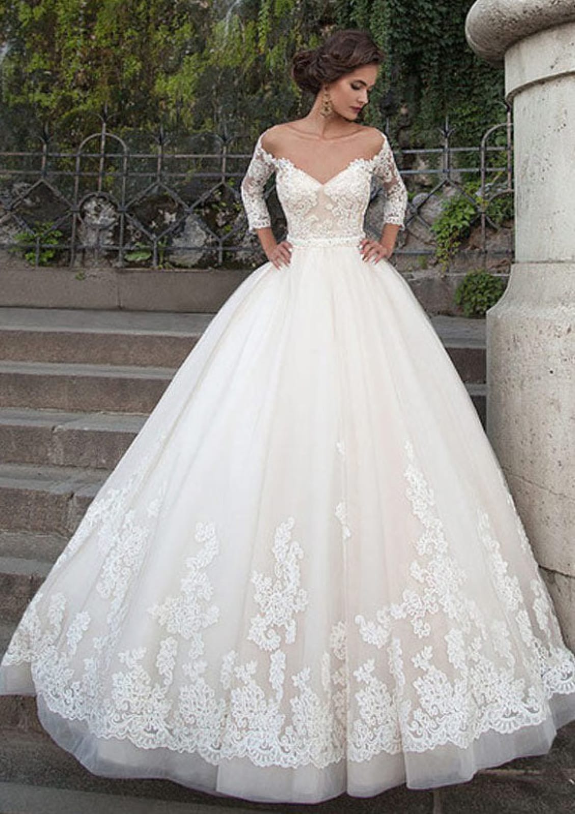 off the shoulder tulle ball gown wedding dress Ball Gown Off Shoulder 3/4 Sleeve Chapel Tulle Wedding Dress, Lace Sash