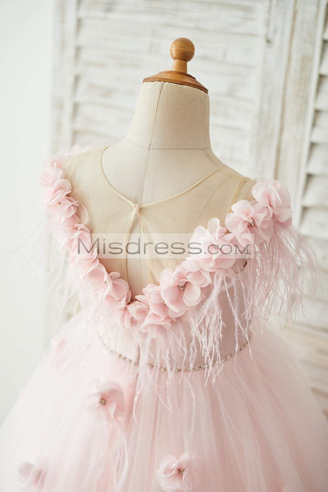 Off Shoulder Pink Tulle Feathers Wedding Party Flower Girl Dress - Flower Girl Dresses