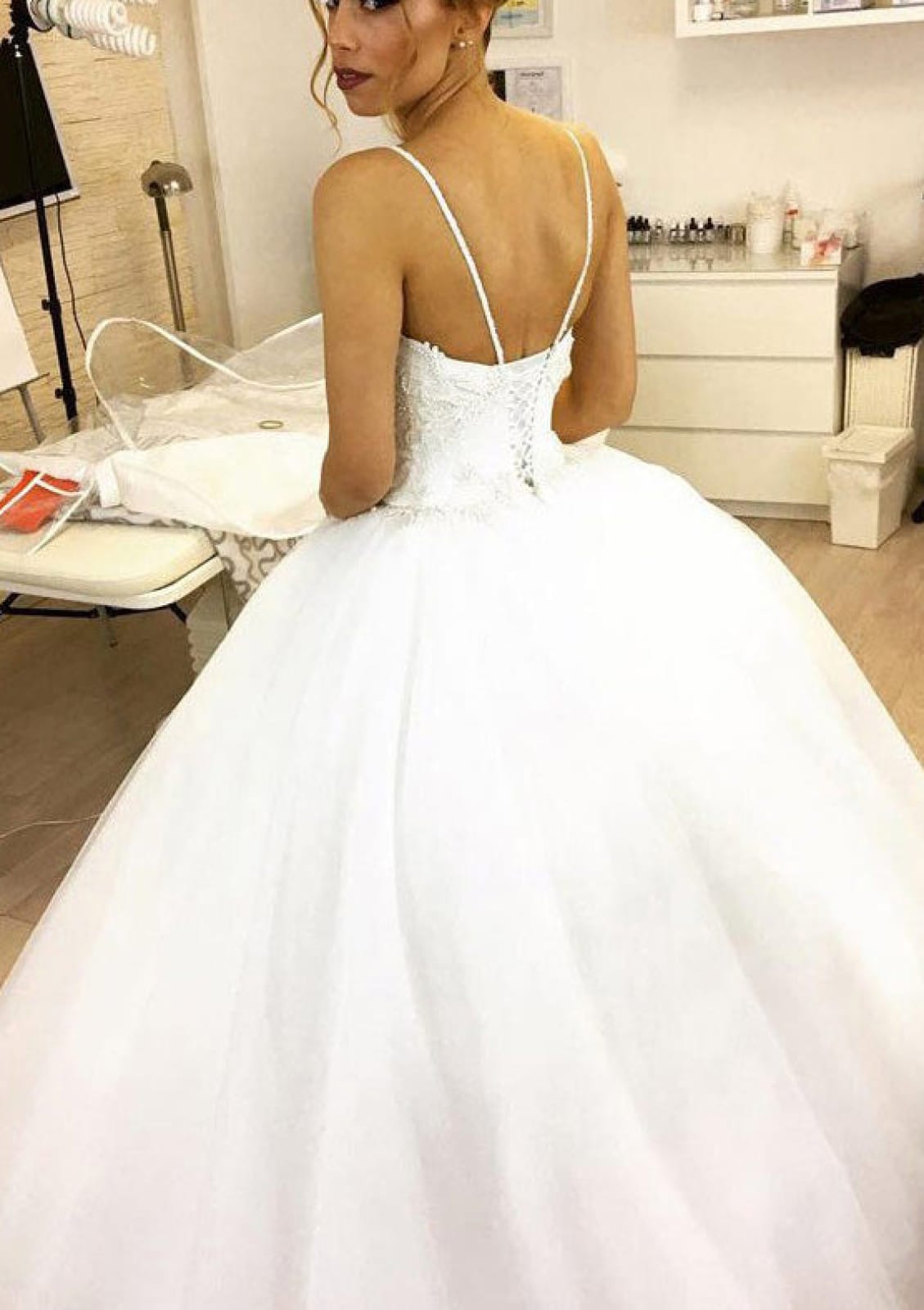 Ball Gown Spaghetti Strap Backless Appliqued Tulle Wedding