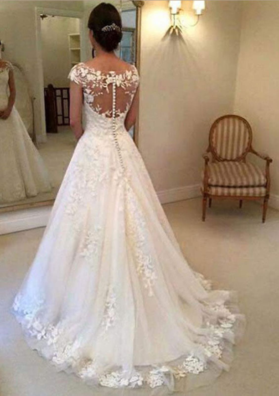 Bateau Cap Sleeve Illusion Court Lace Tulle A-line Wedding