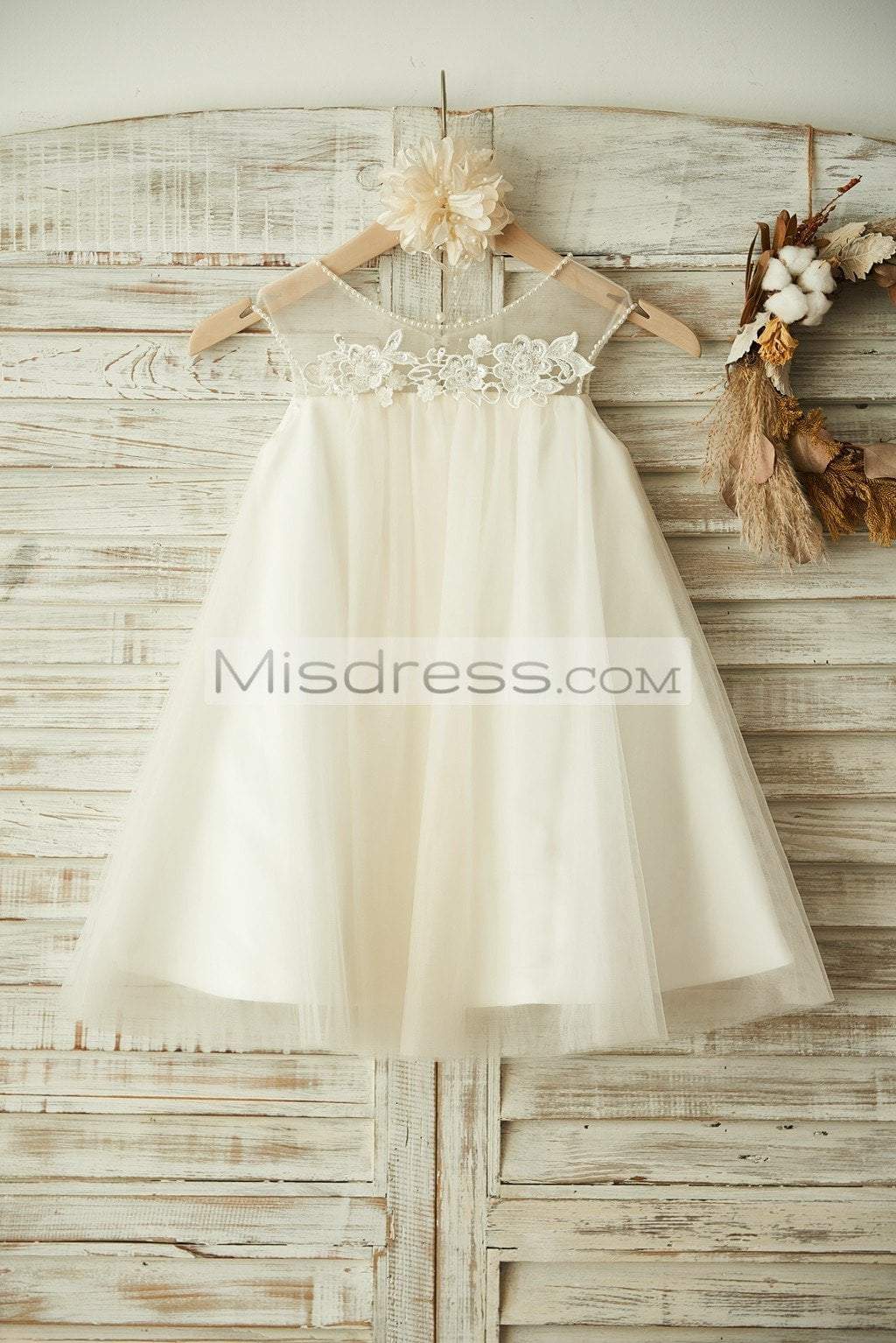Sheer Neck Champagne Tulle Lace Wedding Flower Girl Dress, Pearls 2T