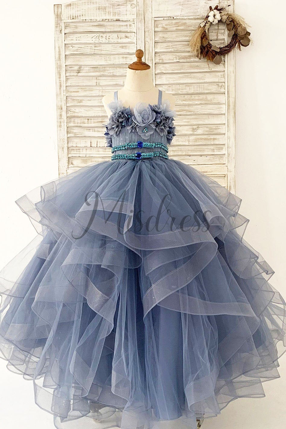 Beaded Dusty Blue Tulle 3D Flowers Ruffle Horsehair Flower Girl Dress 8T Beaded Dusty Blue Tulle 3D Flowers Ruffle Horsehair Flower Girl Dress 8T