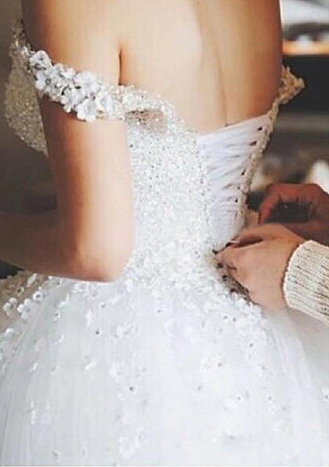 Beaded Flowers Off Shoulder Ball Gown Tulle Wedding Dress -