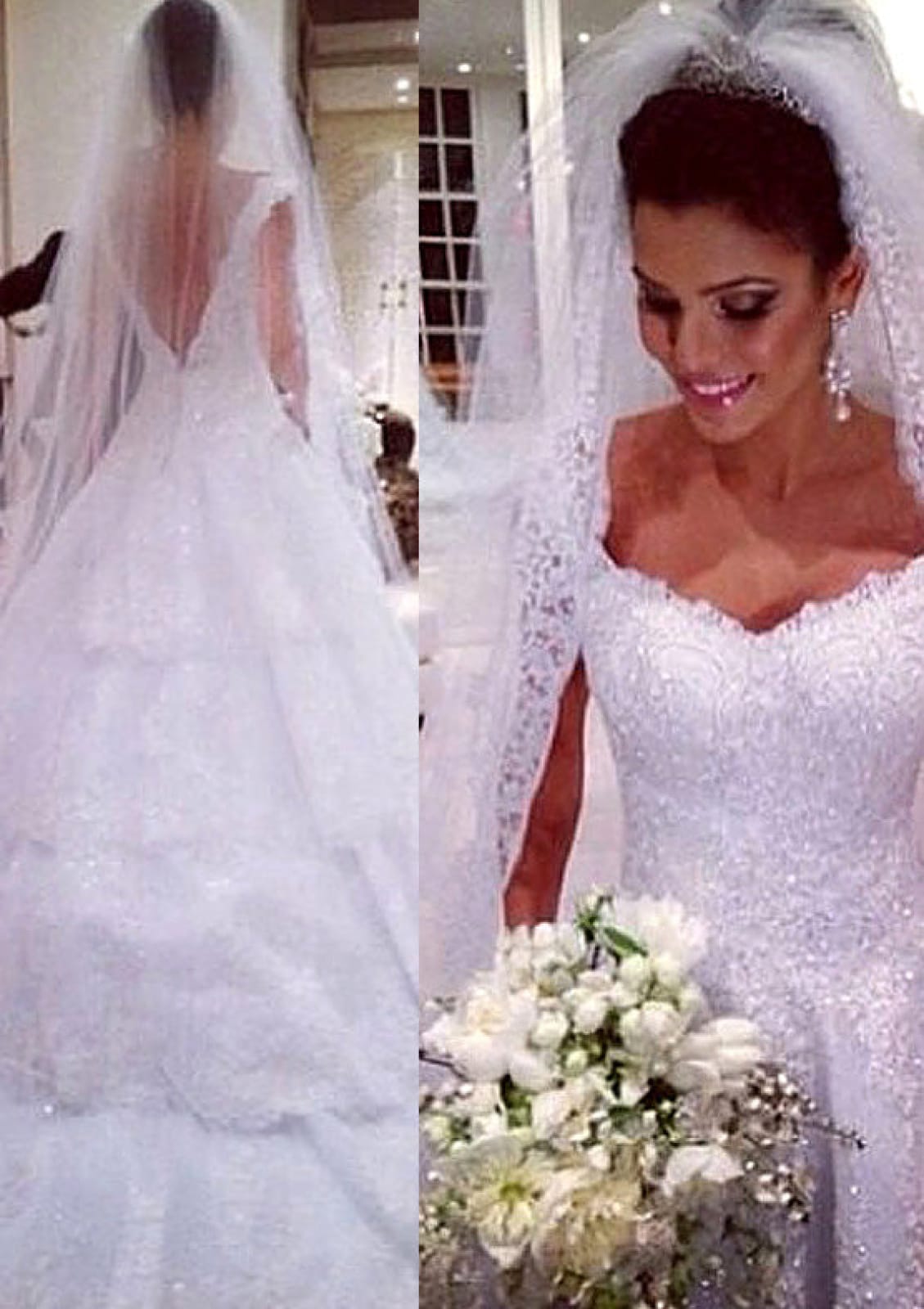 Beaded Lace Tulle Chapel Cupcake Ball Gown Wedding Dress -