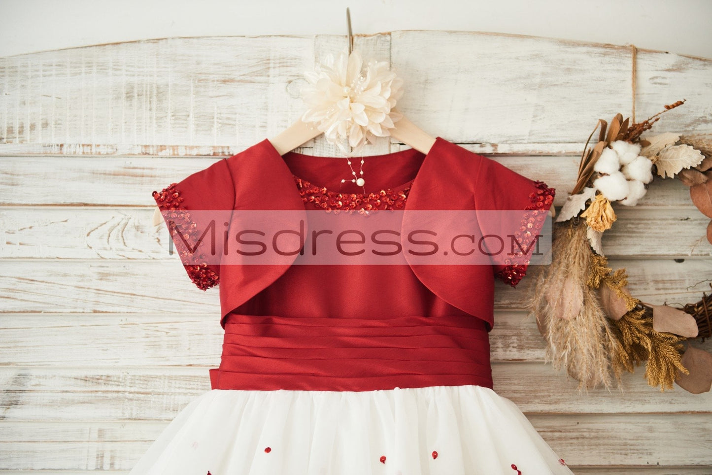 Beaded Red Taffeta Tulle Wedding Flower Girl Dress with Big Bow/Matching Jacket - Flower Girl Dresses