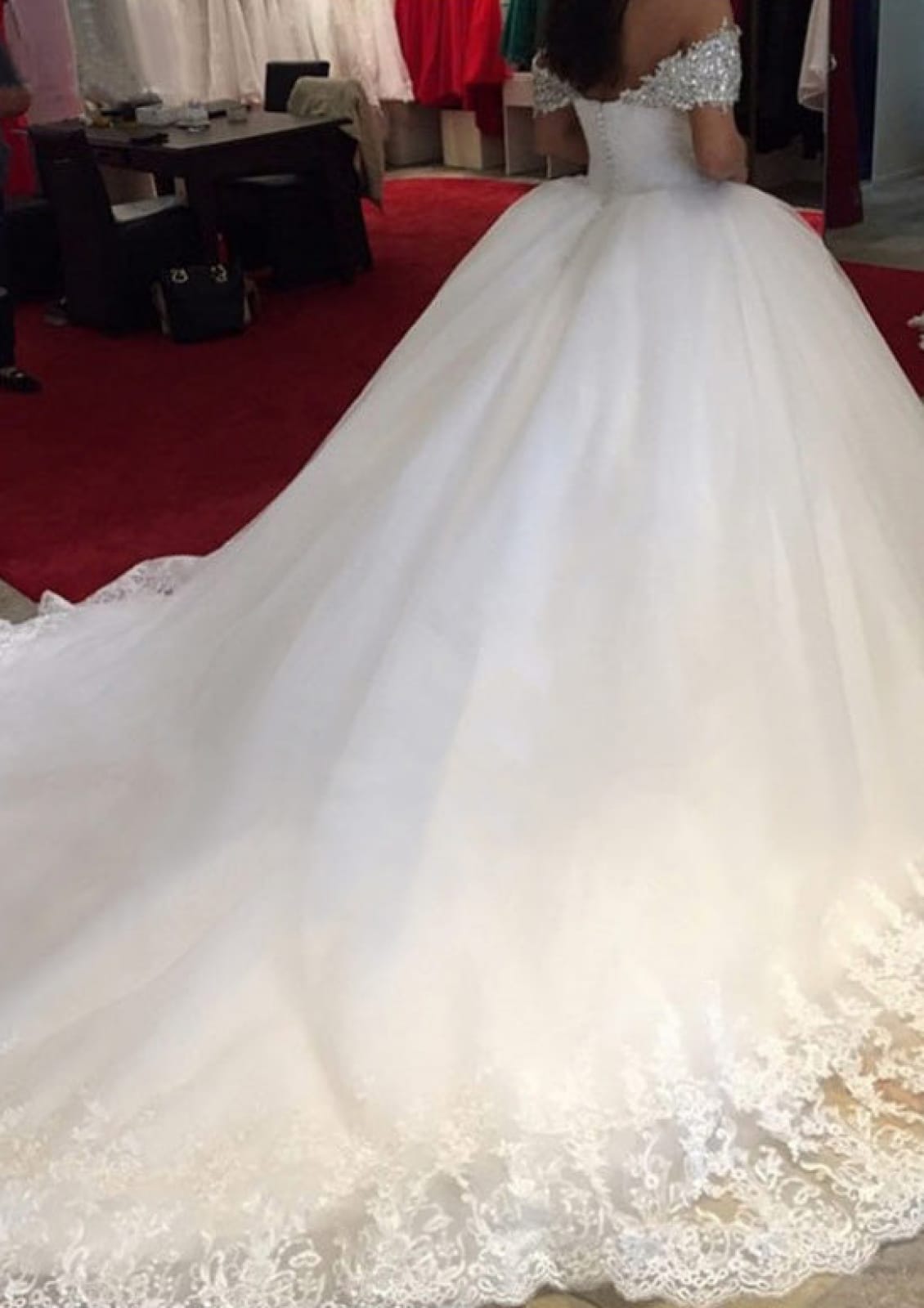 Beaded Off Shoulder Sweetheart Tulle Ball Gown Cathedral