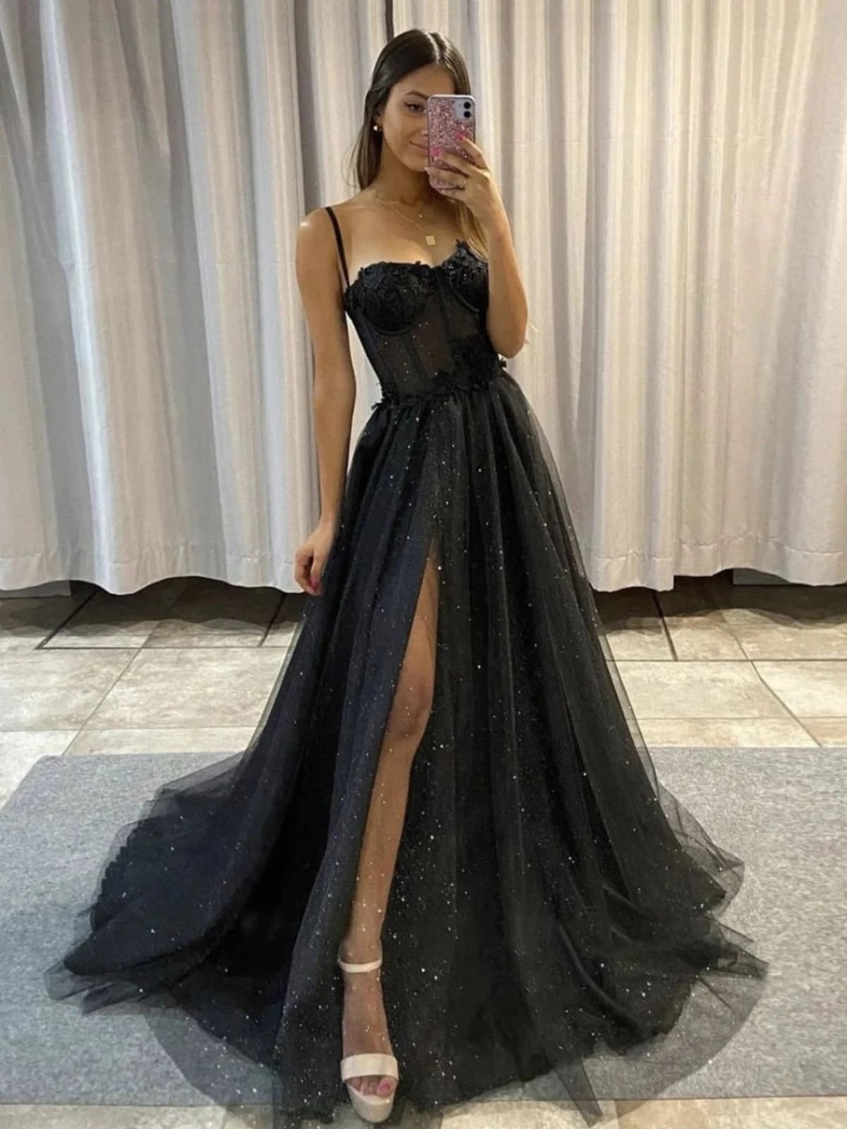 Black Glitter Illusion Corset Straps A-line Split Tulle Wedding Dress Black Glitter Illusion Corset Straps A-line Split Tulle Wedding Dress