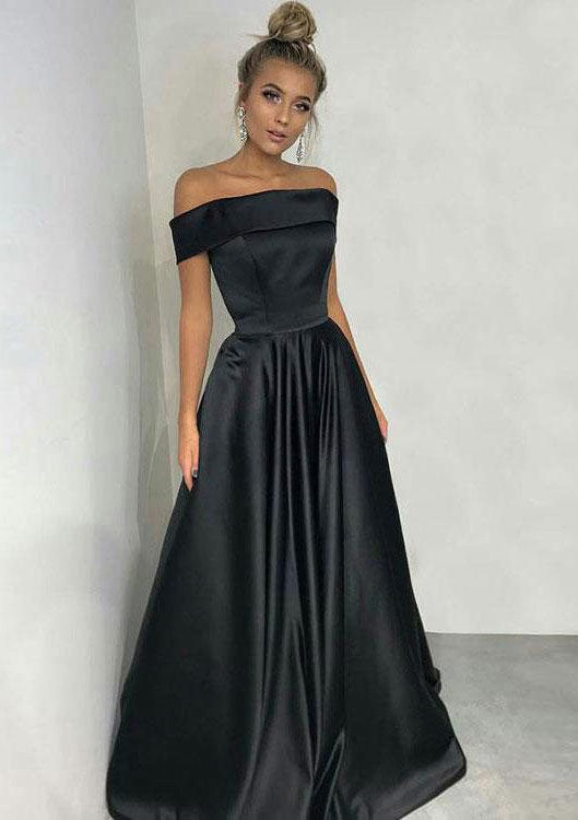 Black Satin Prom Dress A-Line/Princess Off Shoulder Long/Floor-Length Black Satin Prom Dress A-Line/Princess Off Shoulder Long/Floor-Length