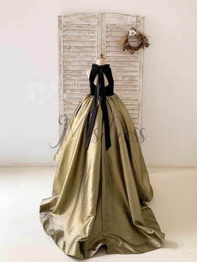 Black Velvet Gold Jacquard Keyhole Back Wedding Party Flower Girl Dress