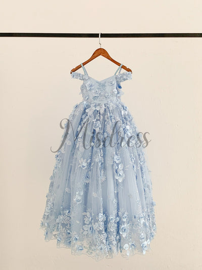 Blue 3D Beaded Lace Flower Tulle Off Shoulder Wedding Flower Girl Dress
