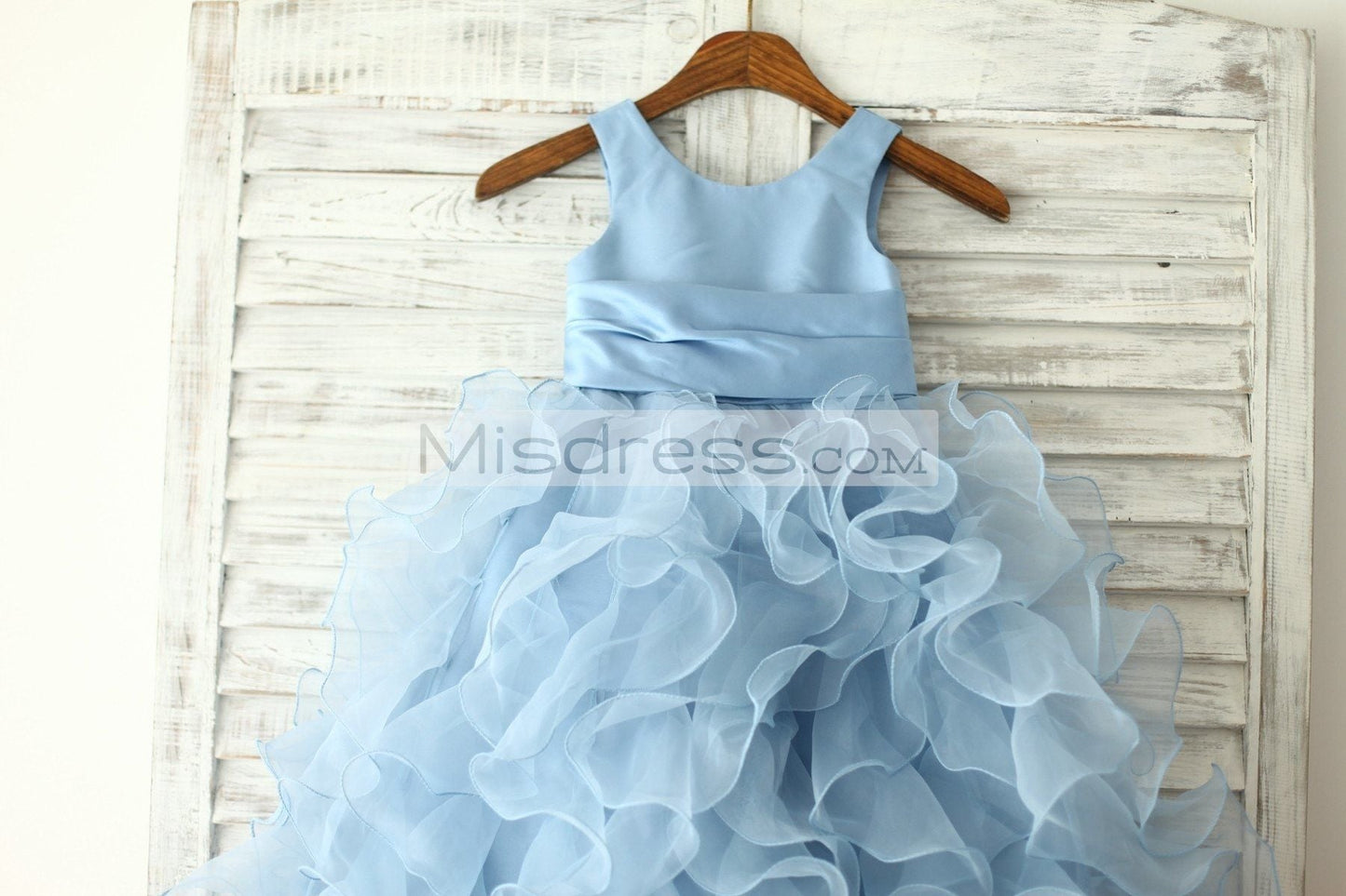 Blue Satin Ruffle Organza Skirt Princess Flower Girl Dress With Sash/flower - Flower Girl Dresses