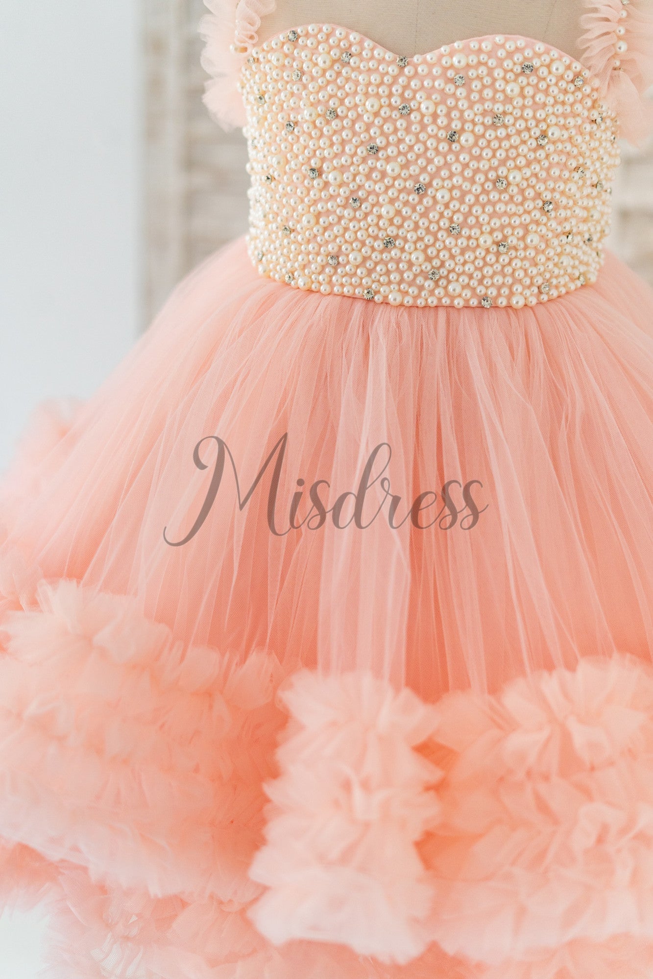 Blush Pink V Back Pearl Beaded Tulle Wedding Flower Girl Dress Kids Party Dress