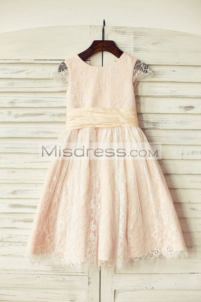 Blush Pink Satin Ivory Lace Cap Sleeves Flower Girl Dresses (Peach Sash) - Flower Girl Dresses