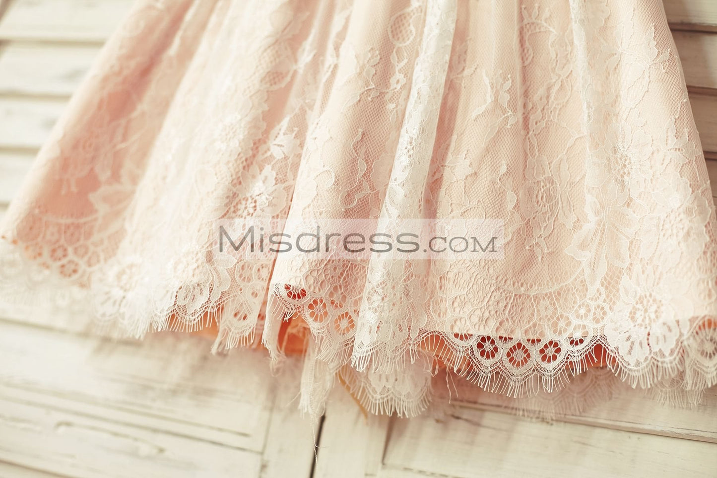 Blush Pink Satin Ivory Lace Cap Sleeves Flower Girl Dresses (Peach Sash) - Flower Girl Dresses