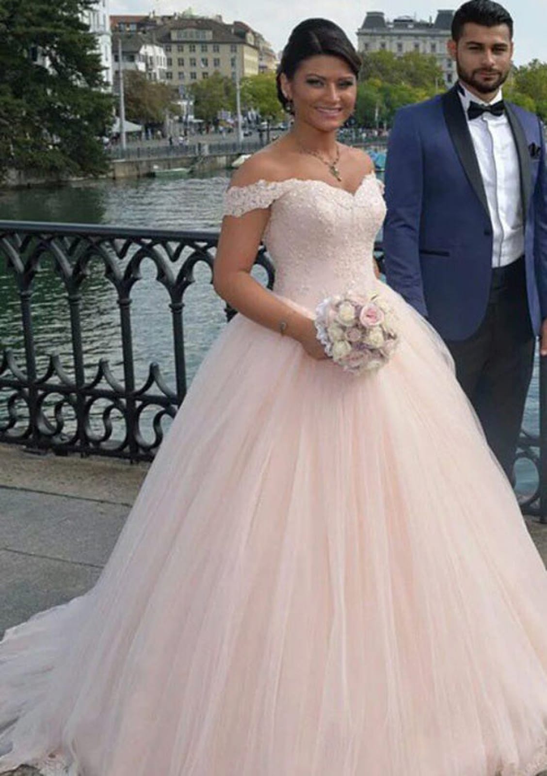 Blush Pink Tulle Ball Gown Off Shoulder Bridal Wedding Dress, Beaded|  Misdress