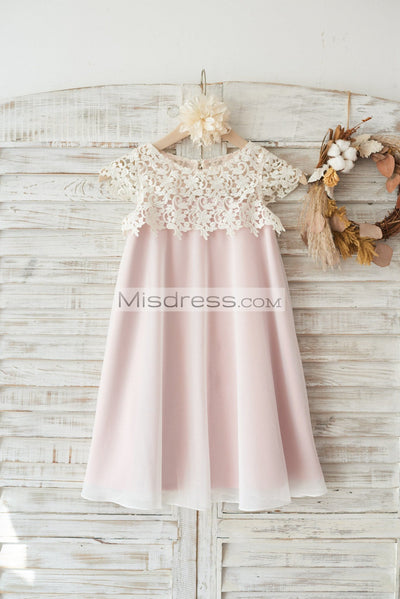 Boho Beach Lace Cap Sleeves Ivory Chiffon Wedding Flower Girl Dress with Pink Lining - Flower Girl Dresses