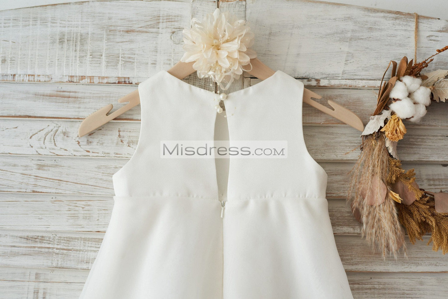 Boho Beach Ivory Satin Organza Wedding Flower Girl Dress with Bow - Flower Girl Dresses