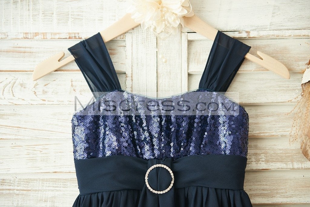 Boho Beach Navy Blue Sequin Chiffon Wedding Flower Girl Dress - Flower Girl Dresses