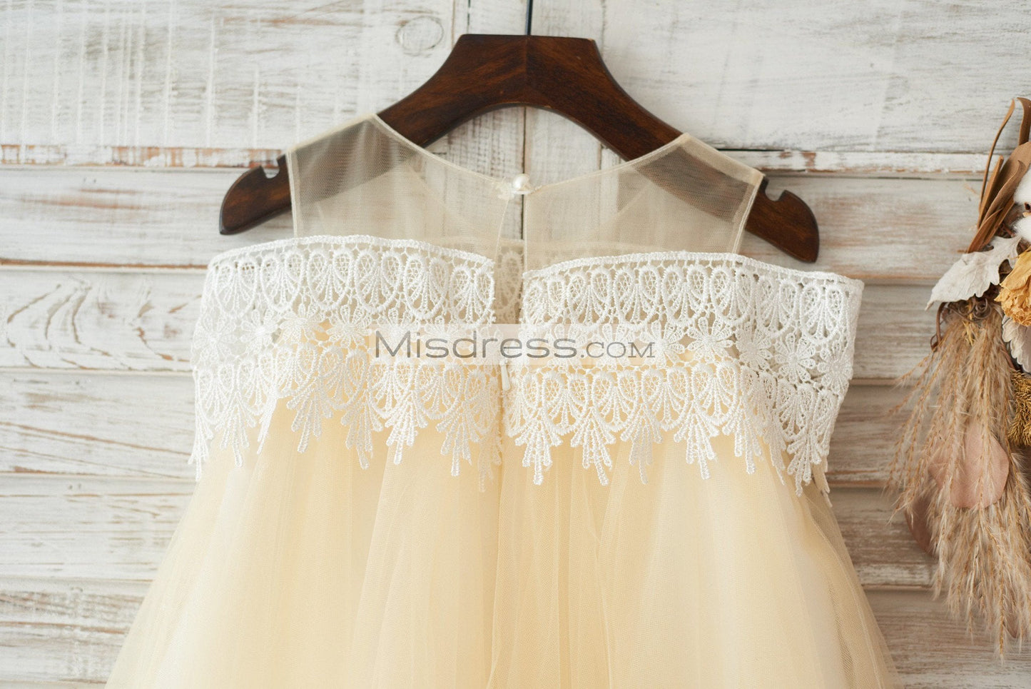 Boho Beach Off Shoulder Champagne Tulle Lace Wedding Flower Girl Dress - Flower Girl Dresses