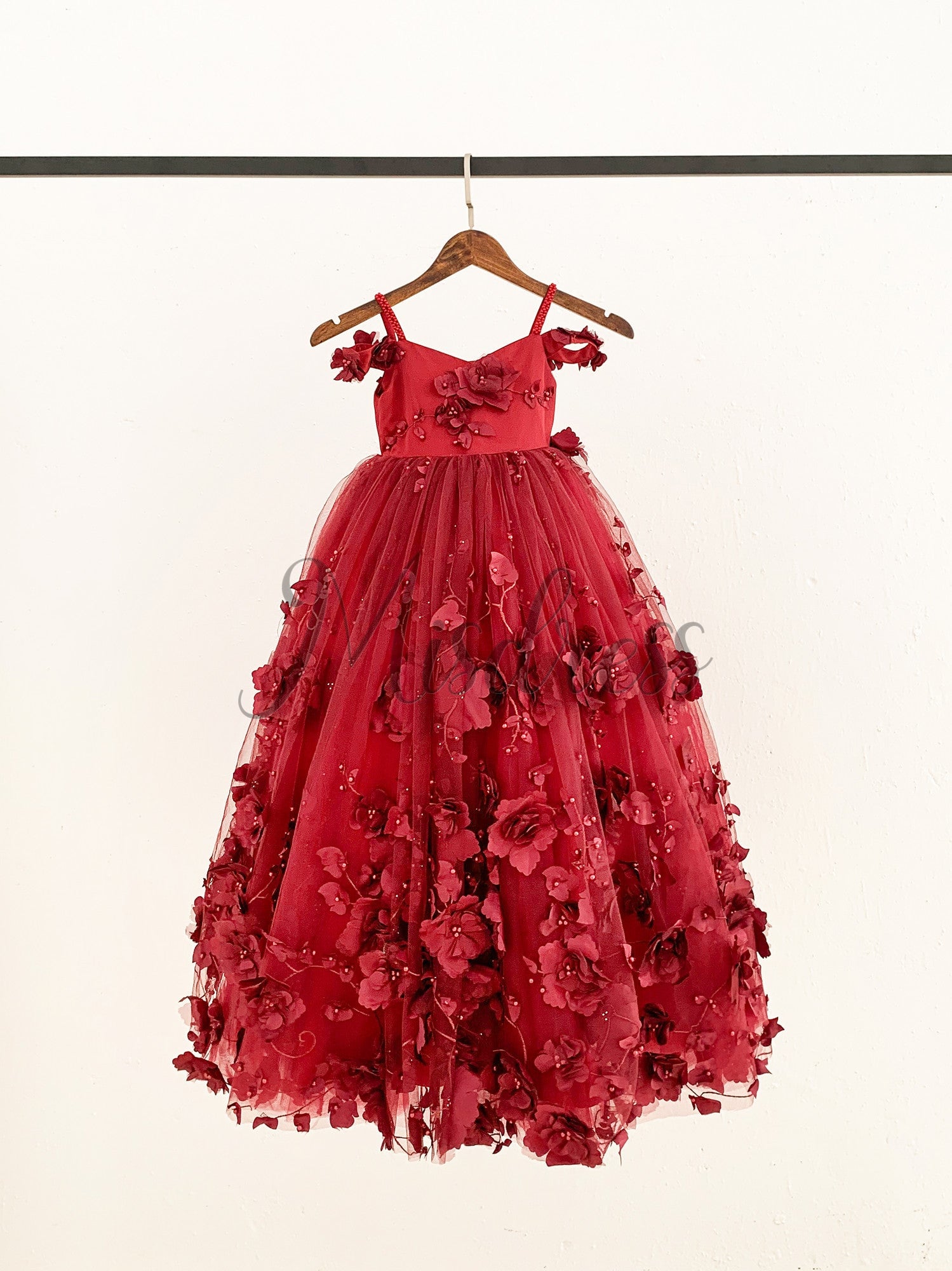 Burgundy 3D Beaded Lace Flower Tulle Off Shoulder Wedding