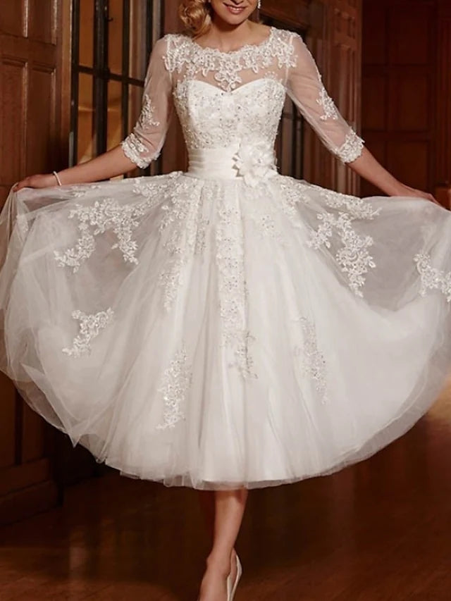 a line tea length white dress White Short Sleeve Tea Length Dress by Ladivine CD0187W