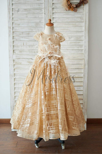 Cap Sleeves V Back Gold Sequin Tulle Wedding Flower Girl Dress - Flower Girl Dresses