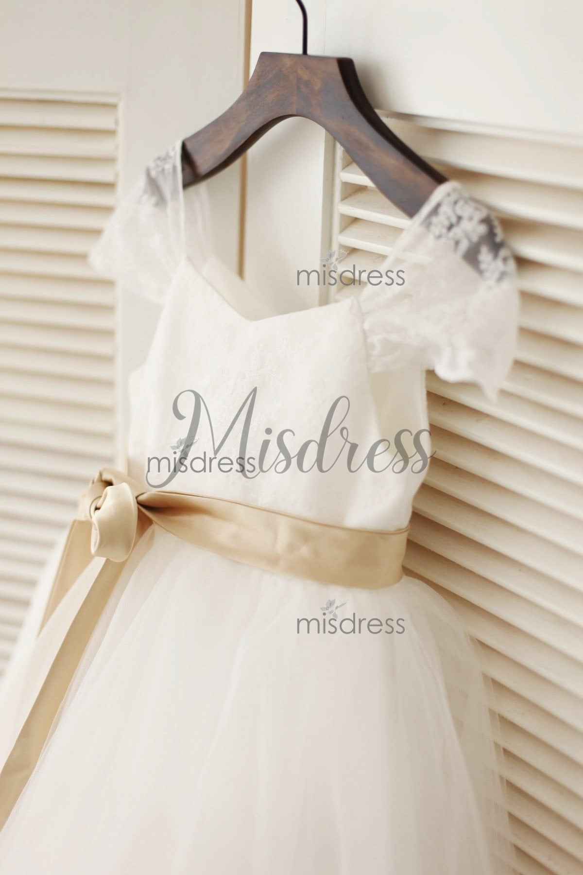 Cap Sleeves Ivory Lace Tulle Flower Girl Dress With Champagne Satin Sash - Flower Girl Dresses