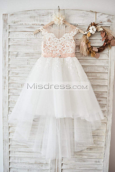 Cap Sleeves Ivory Lace Tulle Hi Low Wedding Party Flower Girl Dress with V Back/Beading - Flower Girl Dresses