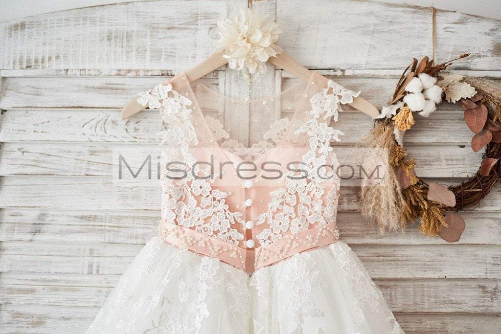 Cap Sleeves Ivory Lace Tulle Hi Low Wedding Party Flower Girl Dress with V Back/Beading - Flower Girl Dresses