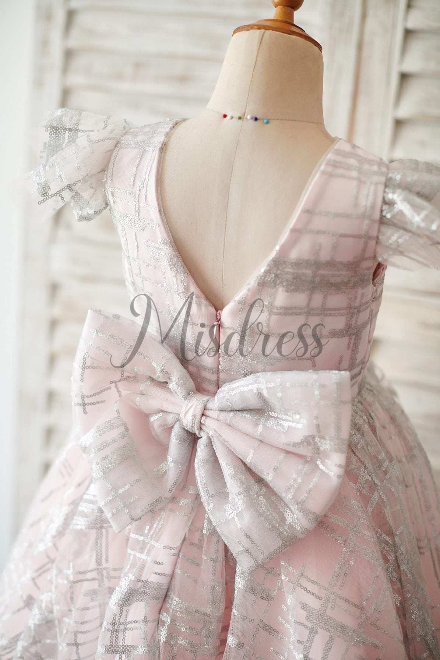 Princess Cap Sleeves V Back Pink Tulle Silver Sequin Wedding Flower Girl Dress - Flower Girl Dresses