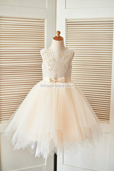 Champagne Lace Tulle Wedding Flower Girl Dress wuth Uneven Tulle Hem - Flower Girl Dresses